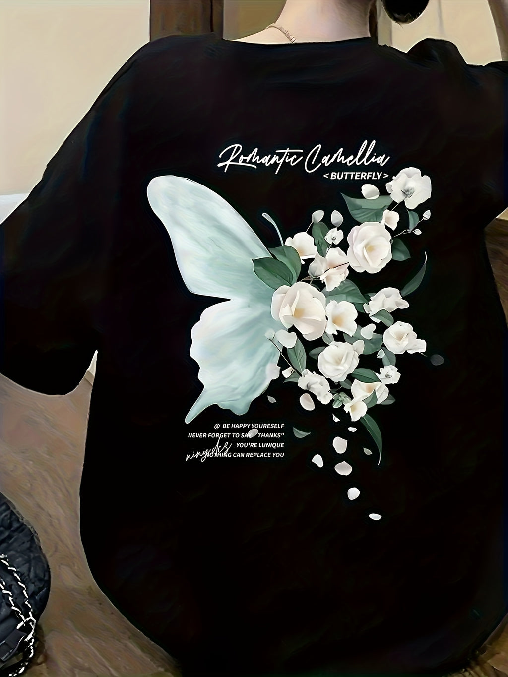 Women's Oversized Short-Sleeve T-Shirt with Double-Sided Butterfly Print - Soft Breathable Polyester Blouse-Compatible Top | Round Neck Loose Fit Casual Shirt Suitable for Spring/Summer Casual Attire, Machine Washable - Black