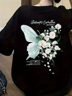 Women's Oversized Short-Sleeve T-Shirt with Double-Sided Butterfly Print - Soft Breathable Polyester Blouse-Compatible Top | Round Neck Loose Fit Casual Shirt Suitable for Spring/Summer Casual Attire, Machine Washable - Black