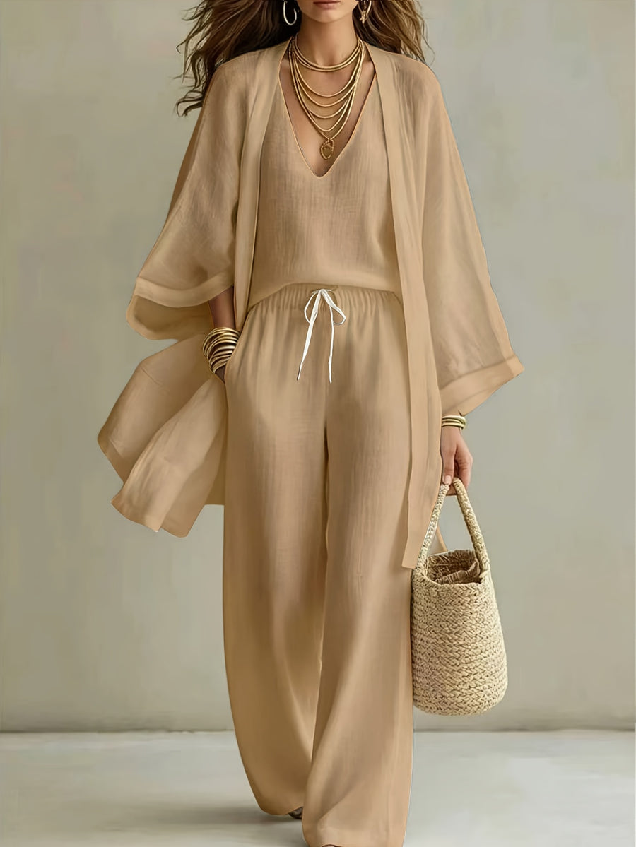 3pcs Set, Women's Spring/summer Vacation-style Loose Spaghetti Strap Tank Top with Cardigan and Loose Wide-leg Pants Casual Set, Elegant and Fashionable, Comfortable and Casual, Suitable for Commuting Wear - Khaki 1