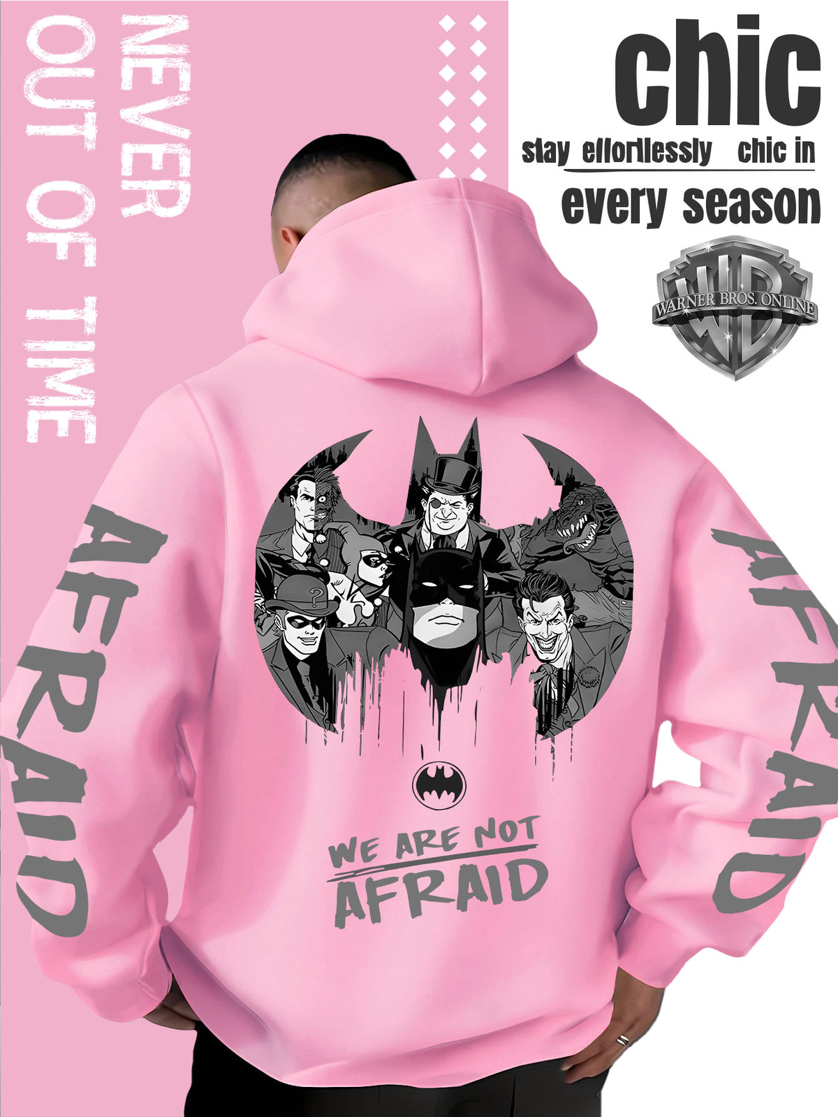 Men'S Hooded Sweatshirt Superhero Villain Group Black And White Comic Print, Batman Good And Evil Characters Gathered Design, Themed English Slogans And Rich Visuals, Dual Sleeves with Eye-Catching Graffiti Art Font - Pink Color