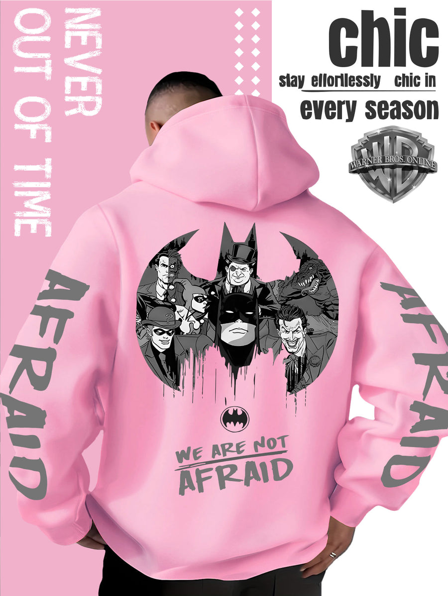 Men'S Hooded Sweatshirt Superhero Villain Group Black And White Comic Print, Batman Good And Evil Characters Gathered Design, Themed English Slogans And Rich Visuals, Dual Sleeves with Eye-Catching Graffiti Art Font - Pink Color