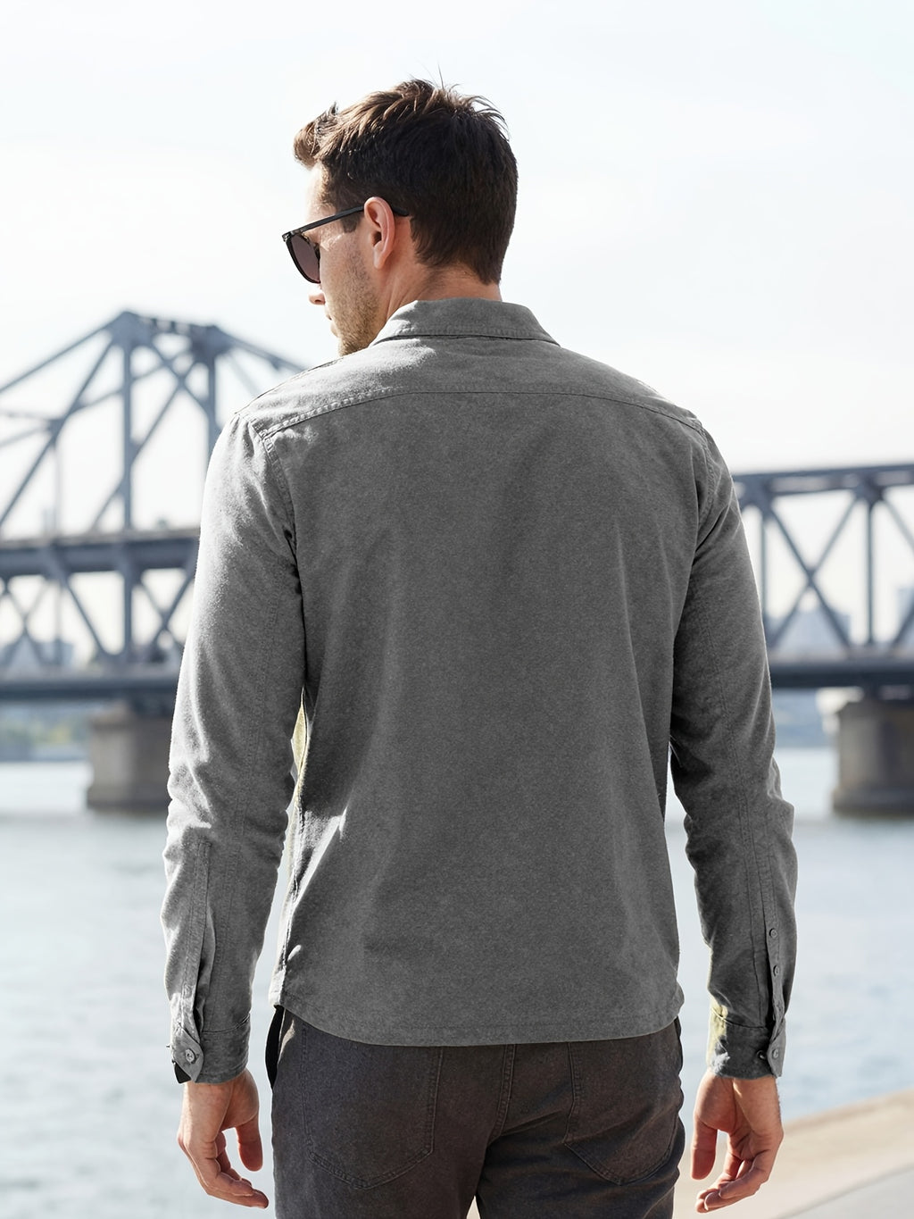 Men's Solid-color Work Shirt with Double Pockets, Lapel Long-sleeve Button-up Shirt, Loose Plus-size Casual Jacket Shirt, Loose-fit Basic Daily Top for Daily Wear and Outdoor Activities - Dark Gray