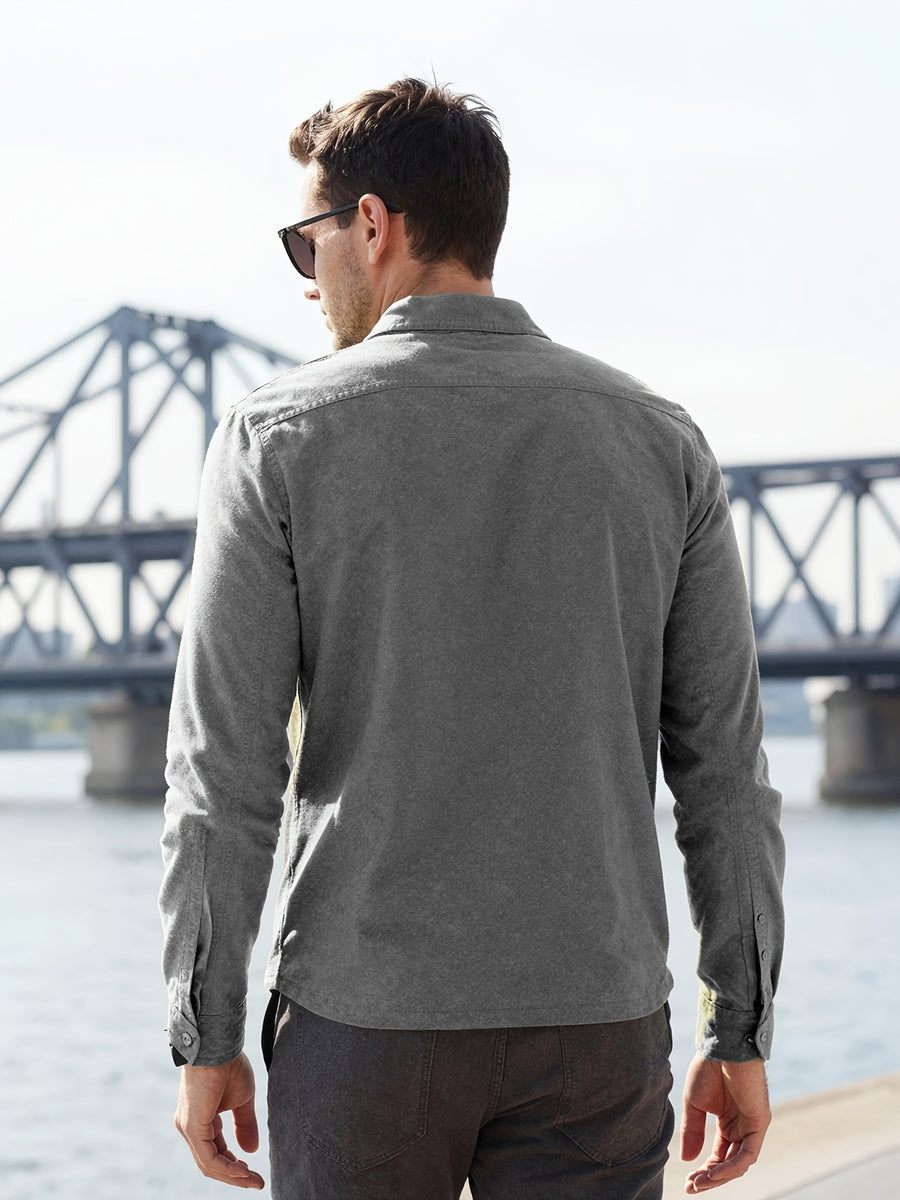 Men's Solid-color Work Shirt with Double Pockets, Lapel Long-sleeve Button-up Shirt, Loose Plus-size Casual Jacket Shirt, Loose-fit Basic Daily Top for Daily Wear and Outdoor Activities - Dark Gray