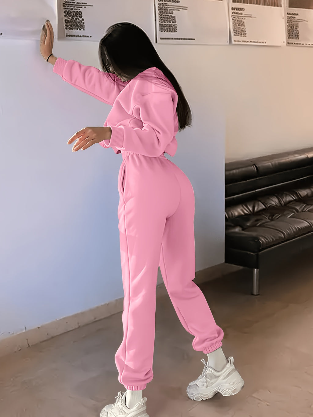 Spring And Autumn Women'S Fashion Casual Athletic Loose Sweatshirt Pants Set Embroidery Letter Design Indoor Outdoor Wear Clothing Sweatshirt Women - Pink