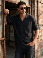Men's Washed Black Denim Short Sleeve Button Shirt, Loose Fit Breathable Casual Streetwear Shirt with Chest Pocket for Summer Vacation - Black