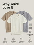 Men'S 3pcs Old Money Johnny Collar Vertical Textured Knit Polo Shirts, Breathable Casual Short Sleeve Tops, Multi-Color Set for Business Golf Vacation Summer Wear - White-Grey-Khaki