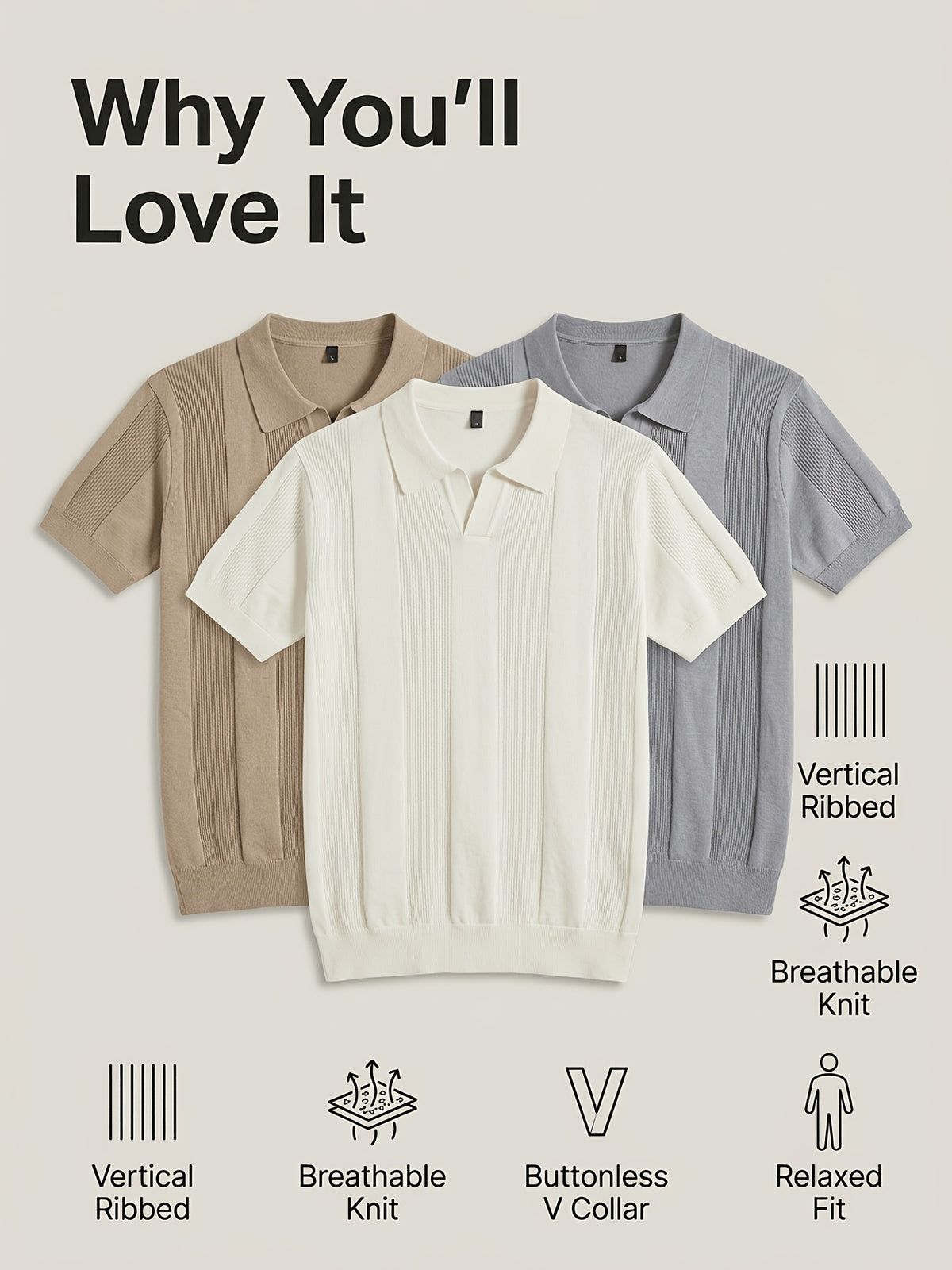 Men'S 3pcs Old Money Johnny Collar Vertical Textured Knit Polo Shirts, Breathable Casual Short Sleeve Tops, Multi-Color Set for Business Golf Vacation Summer Wear - White-Grey-Khaki