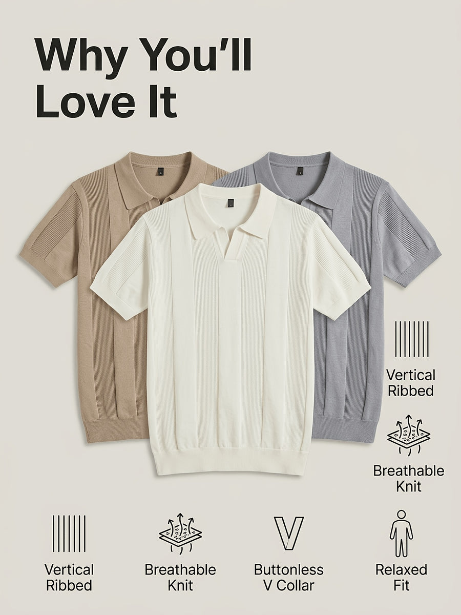 Men'S 3pcs Old Money Johnny Collar Vertical Textured Knit Polo Shirts, Breathable Casual Short Sleeve Tops, Multi-Color Set for Business Golf Vacation Summer Wear - White-Grey-Khaki