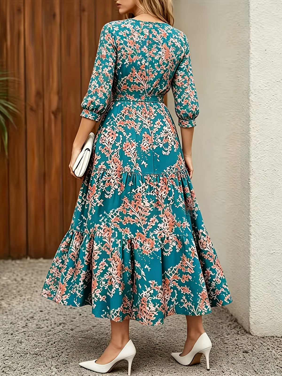 Elegant Casual Daily Office Street Round Neck Three-Quarter Sleeve Spring Summer Dress, Summer Dress - Dark Cyan
