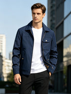 Men's Vintage Military Green Bomber Jacket with Lapel Collar & Zipper Closure - Loose Fit Multi-Pocket Coat Suitable for Spring/Autumn, Casual Streetwear Outerwear, Hand Washable Retro Blazer - Dark Blue