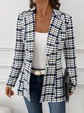 Women's Casual Elegant Button-Up Plaid Commuter Slim-Fit Blazer Jacket, Spring Autumn - Blue And White