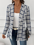 Women's Casual Elegant Button-Up Plaid Commuter Slim-Fit Blazer Jacket, Spring Autumn - Blue And White