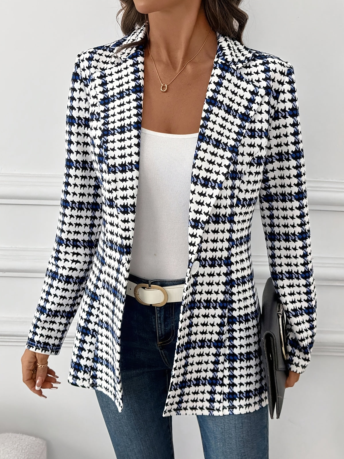 Women's Casual Elegant Button-Up Plaid Commuter Slim-Fit Blazer Jacket, Spring Autumn - Blue And White