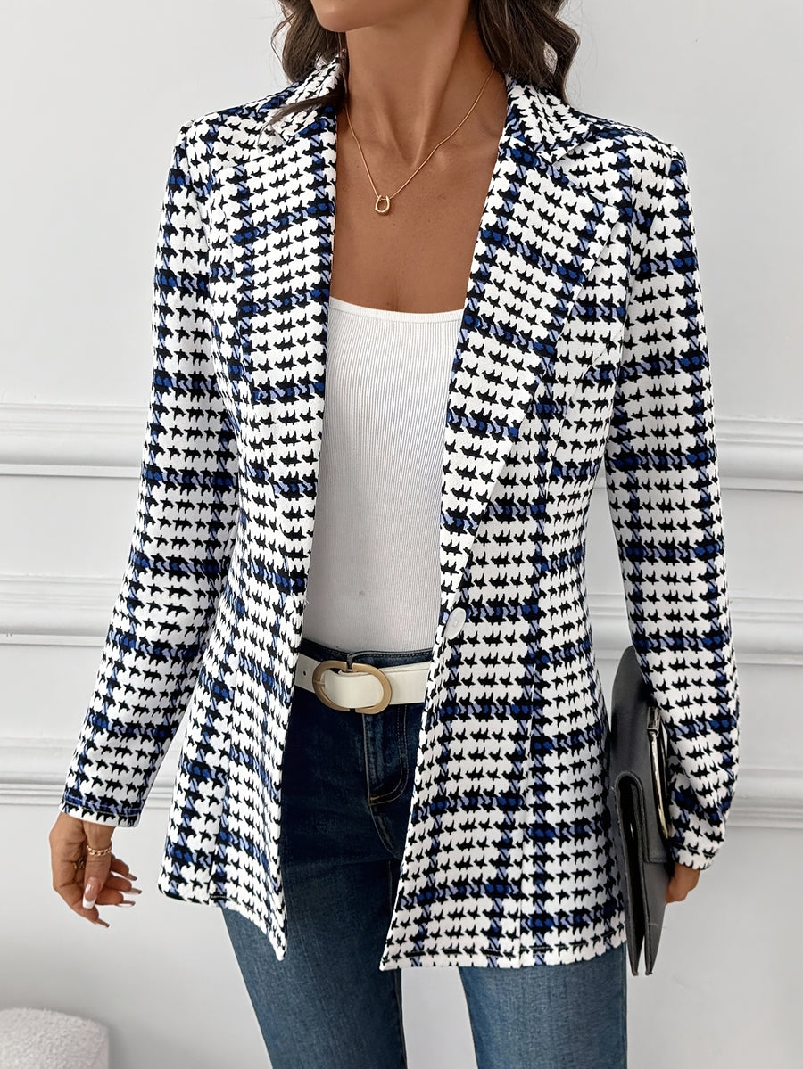 Women's Casual Elegant Button-Up Plaid Commuter Slim-Fit Blazer Jacket, Spring Autumn - Blue And White