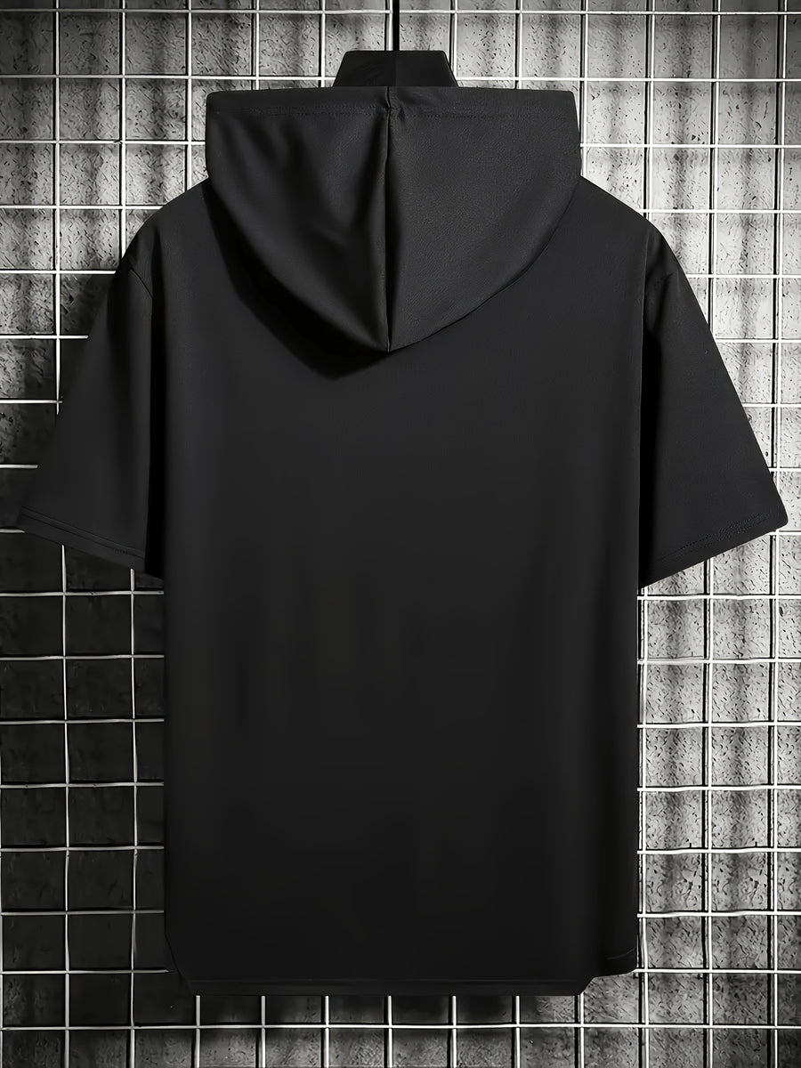 Men'S Summer T-Shirt, Easy Small Logo Print Men'S Hooded Short Sleeve, Soft Comfortable Breathable Versatile Fabric Sports T-Shirt, Loose Slimming Men'S Hoodie Easy Print Top - Black