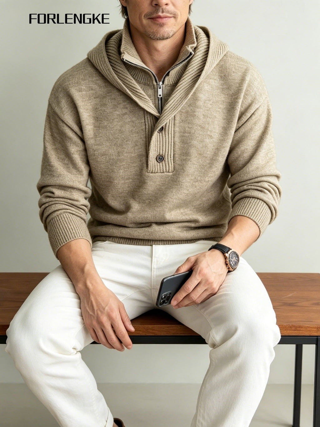 FORLENGKE Men'S Urban Wandering Commuter Style Hooded Half-Zip Knit Sweater, Adjustable Hood with Buckle, Heavy Knit for Temperature Fluctuations, Comfortable for Long Sitting, Suitable for Commuting, Exhibitions, Cafes, Social Gatherings - Clip Flower Coffee