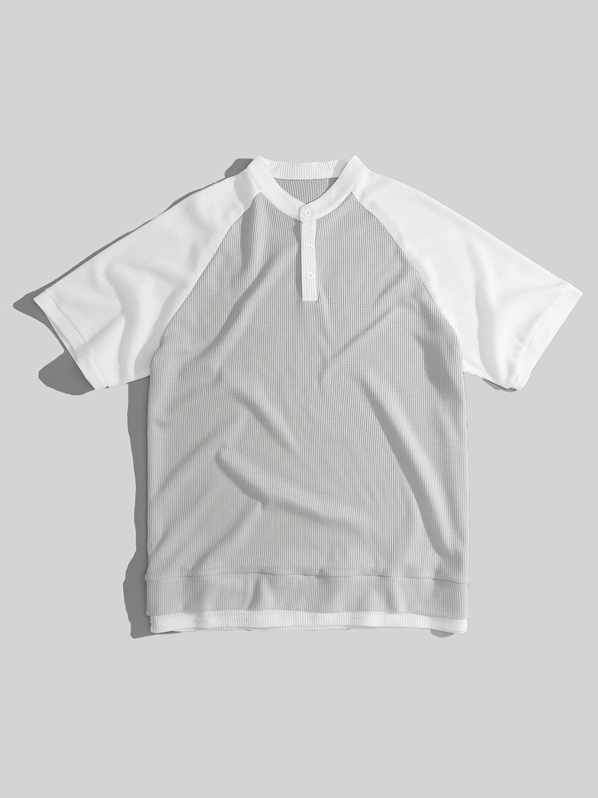 Men's New Summer Waffle Knit POLO Shirt, Casual Loose Fit Breathable Short Sleeve Zipper Half-Open Placket Color Block Patchwork Top with Raglan Sleeves, 2-in-1 Look T-shirt - Grey