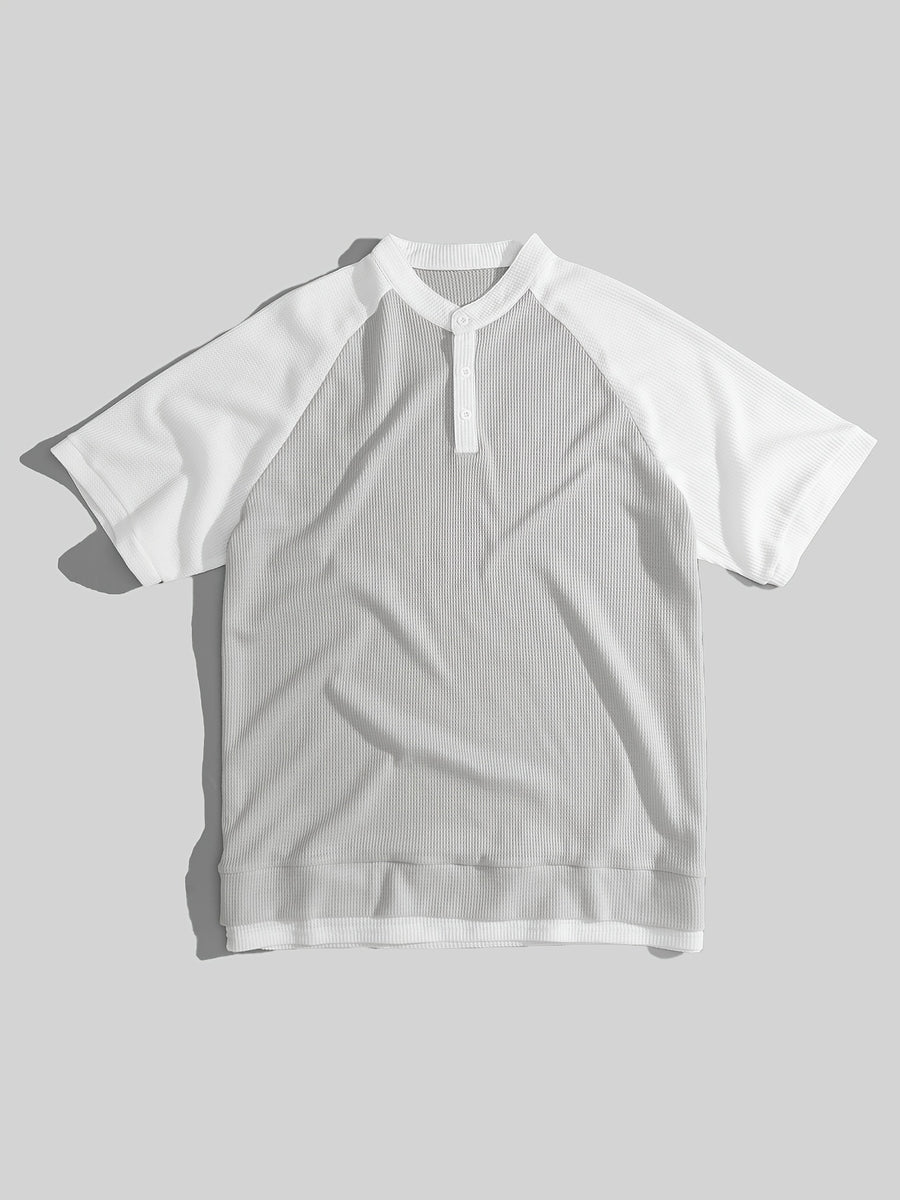Men's New Summer Waffle Knit POLO Shirt, Casual Loose Fit Breathable Short Sleeve Zipper Half-Open Placket Color Block Patchwork Top with Raglan Sleeves, 2-in-1 Look T-shirt - Grey