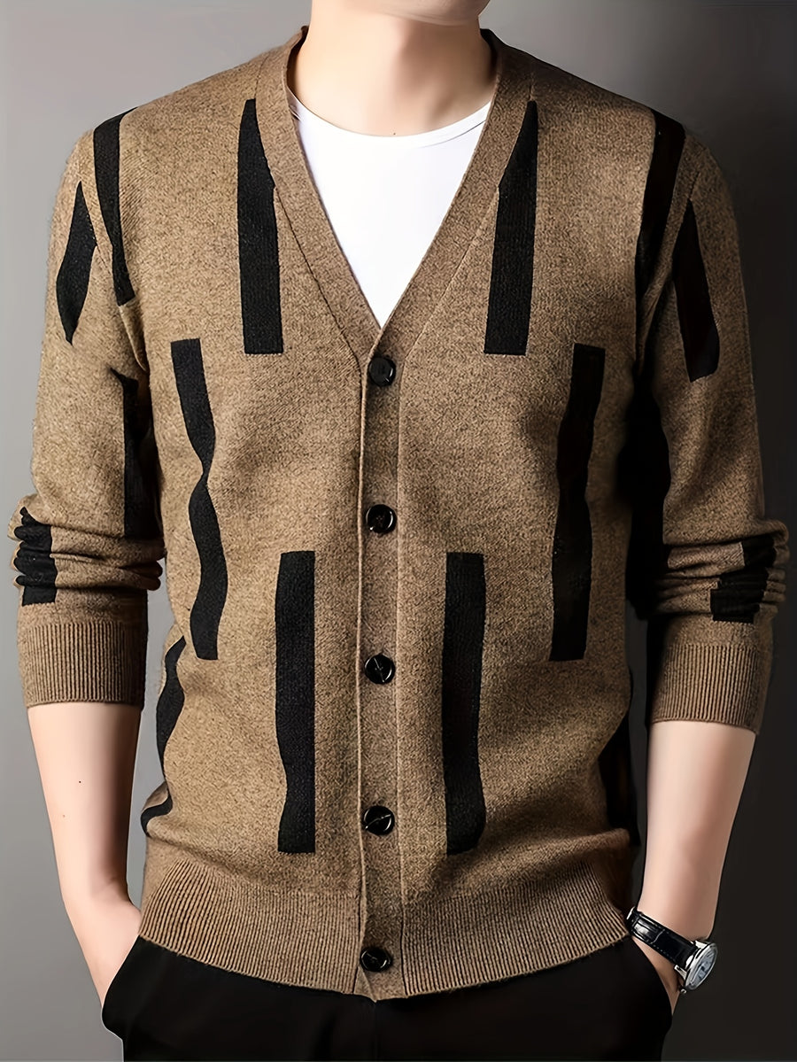 Men's Color-Block Vertical Stripe V-Neck Cardigan, Light Luxury Business Autumn/Winter Knitted Outerwear, Slim-Fit Long-Sleeve Sweater - Khaki