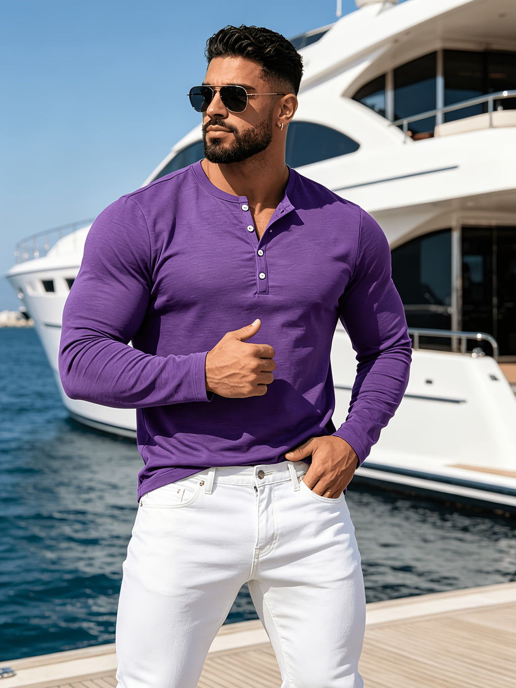 2pcs New Men's Fashionable Sporty Long-Sleeve Pure Cotton Henley Button-Up Shirt, Spring/Autumn Casual, Comfortable, Soft, Trendy, Simple, High-End, Versatile, and Refreshing - Multicolor 6