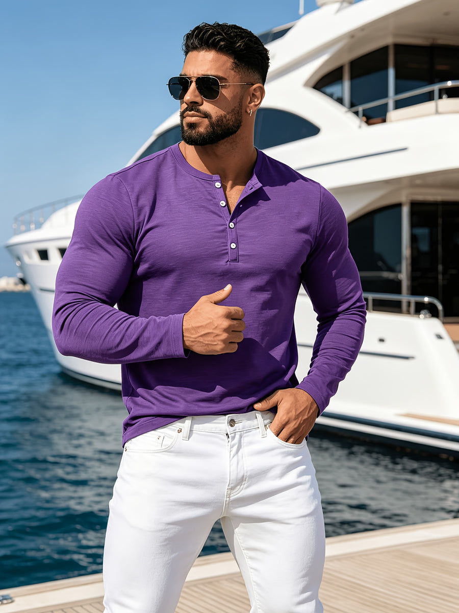 2pcs New Men's Fashionable Sporty Long-Sleeve Pure Cotton Henley Button-Up Shirt, Spring/Autumn Casual, Comfortable, Soft, Trendy, Simple, High-End, Versatile, and Refreshing - Multicolor 6