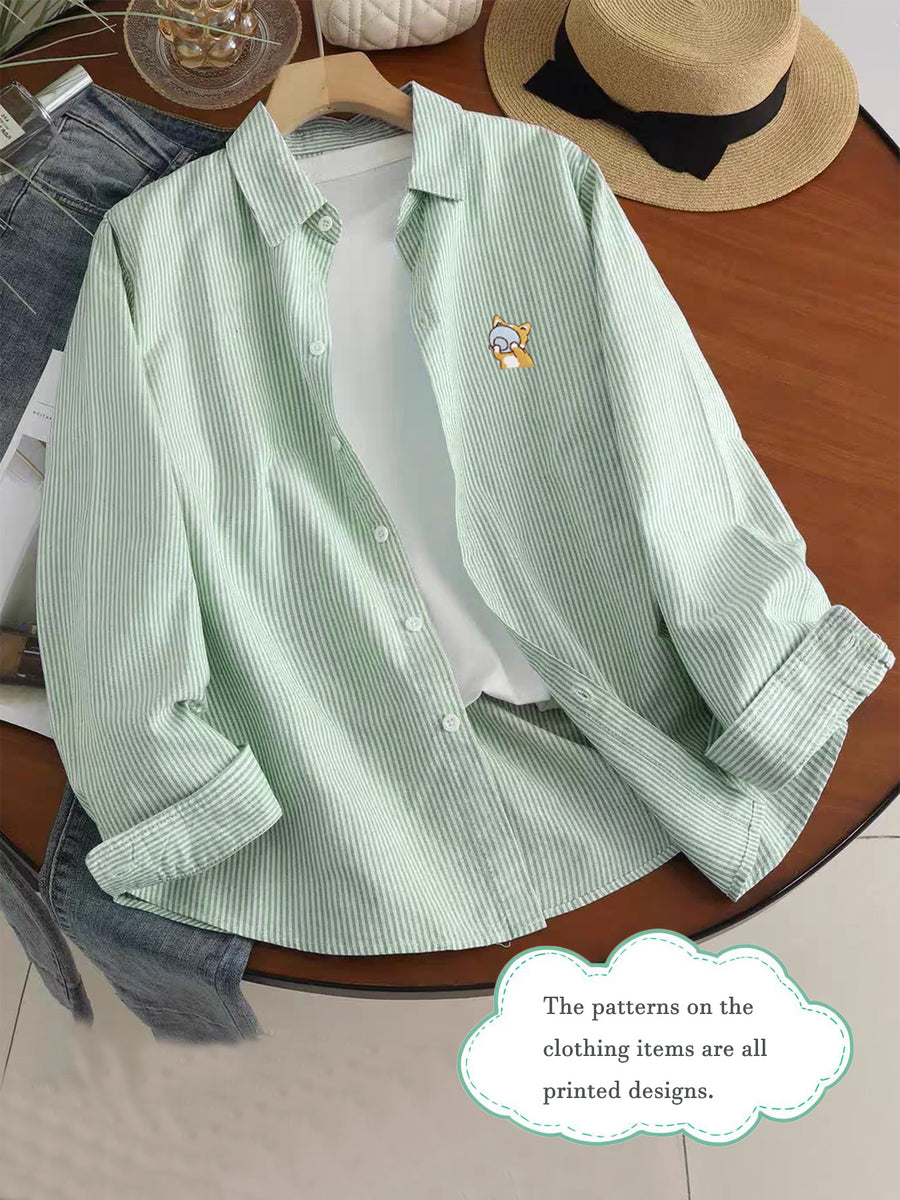 Korean-style Versatile Minimalist Basic Men's Shirt with Fun Cartoon Print, Lapel Collar, Long Sleeves, and Thin Pinstripe Pattern for Daily Casual Wear - Light Green