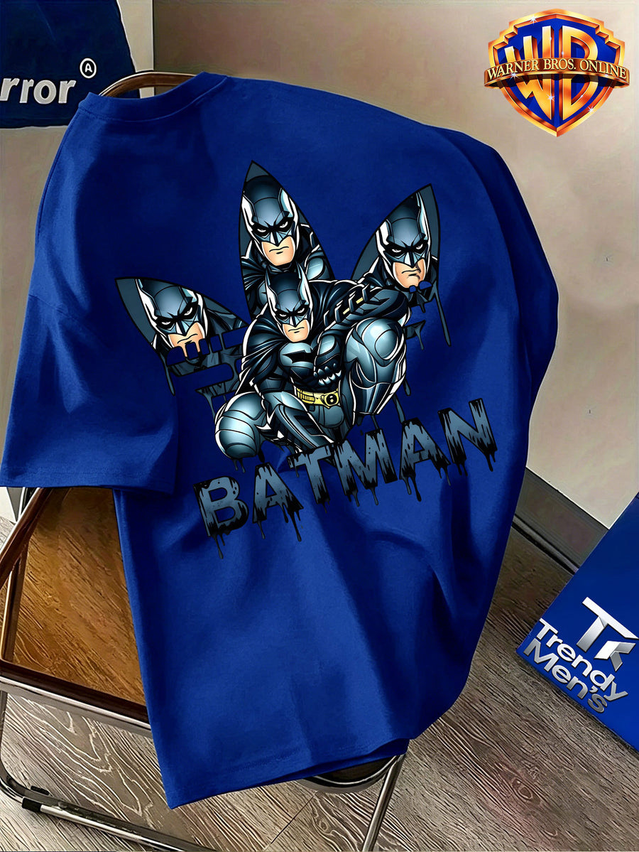 Warner Bros. Authentic Unisex 100% Short-Sleeve T-Shirt, American Street Party Illustration Short Sleeve, Hero-Themed Double Print, Exquisite Chest Graphic with Multi-Character Combination on the Back, Graffiti Drip Ink Lettering Details, Cool-Toned - Royal Blue