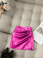 Fashionable New Satin Asymmetrical Skirt, Spring Summer High-Waist Fitted Tight Sexy Women'S Elegant Midi Skirt - Rose Red