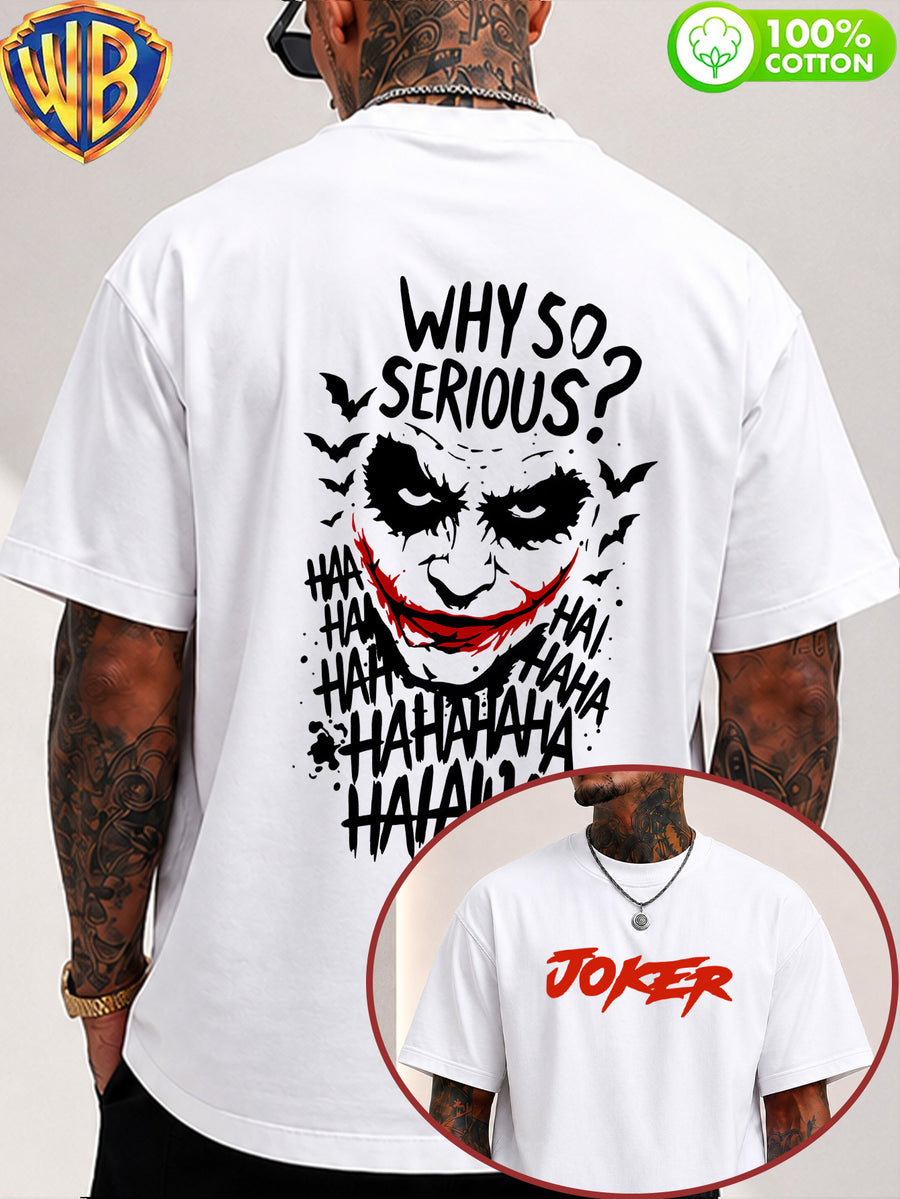 Dark Style Joker "Why So Serious?" Cartoon Print Men'S T-Shirt, Trendy Design Short Sleeve Top, Pure Skin-Friendly Breathable, Casual Versatile Non-Pick Body, Suitable for Daily Commute, Party, Holiday Date, Vacation Travel, Student Outfit - White