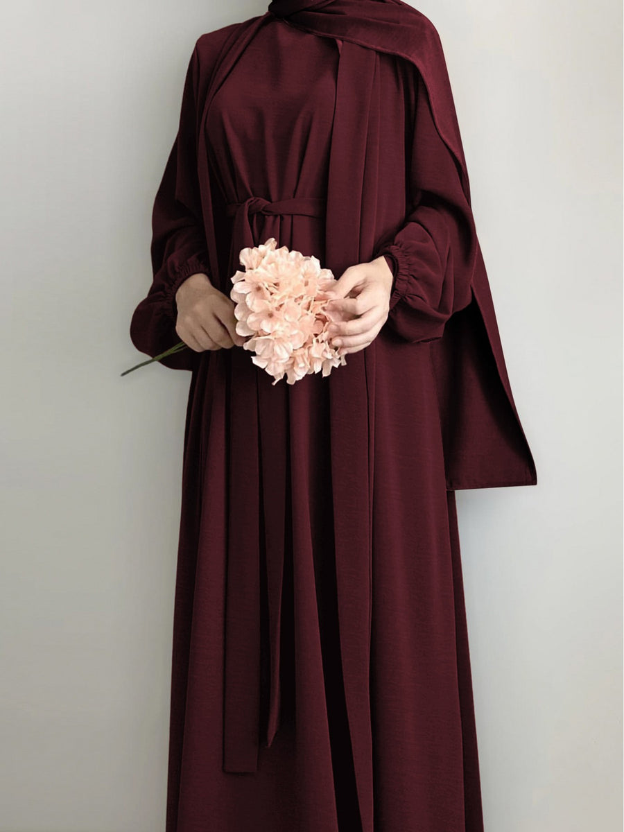 New Middle Eastern Dubai 3pcs Abaya Set - Women'S Traditional Belted Waist Dress with Cardigan And for Ramadan - Burgundy