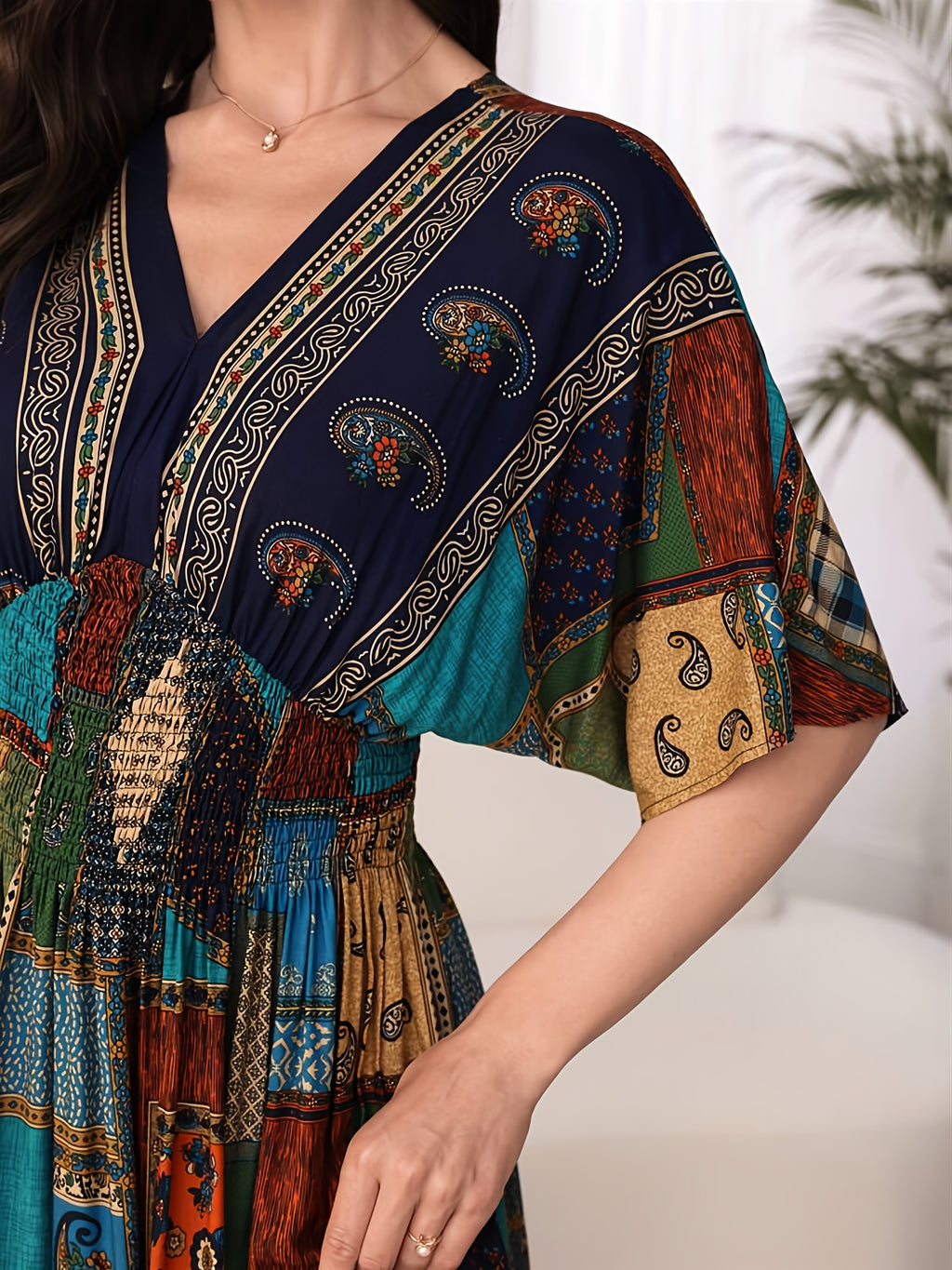 Paisley Print V-Neck Short Sleeve Waist-Cinching Ruched Tie Long Elegant Women's Dress - Multicolor