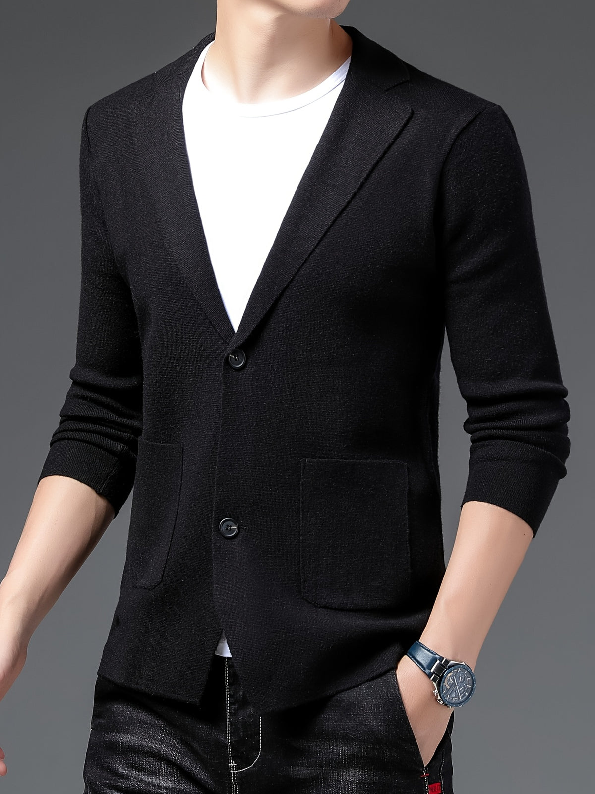 [Starry Prosperity] Men'S Solid Color Cardigan Long Sleeve Casual Knit Blazer for Fall/Winter - Black