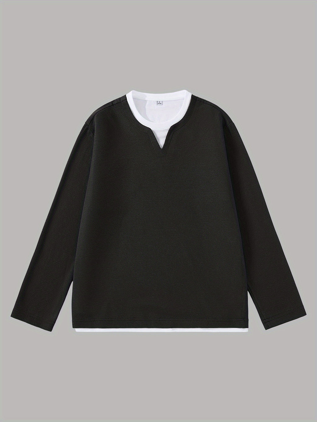 Men'S Spring And Autumn Fashion Waffle Long Sleeve T-Shirt - Black