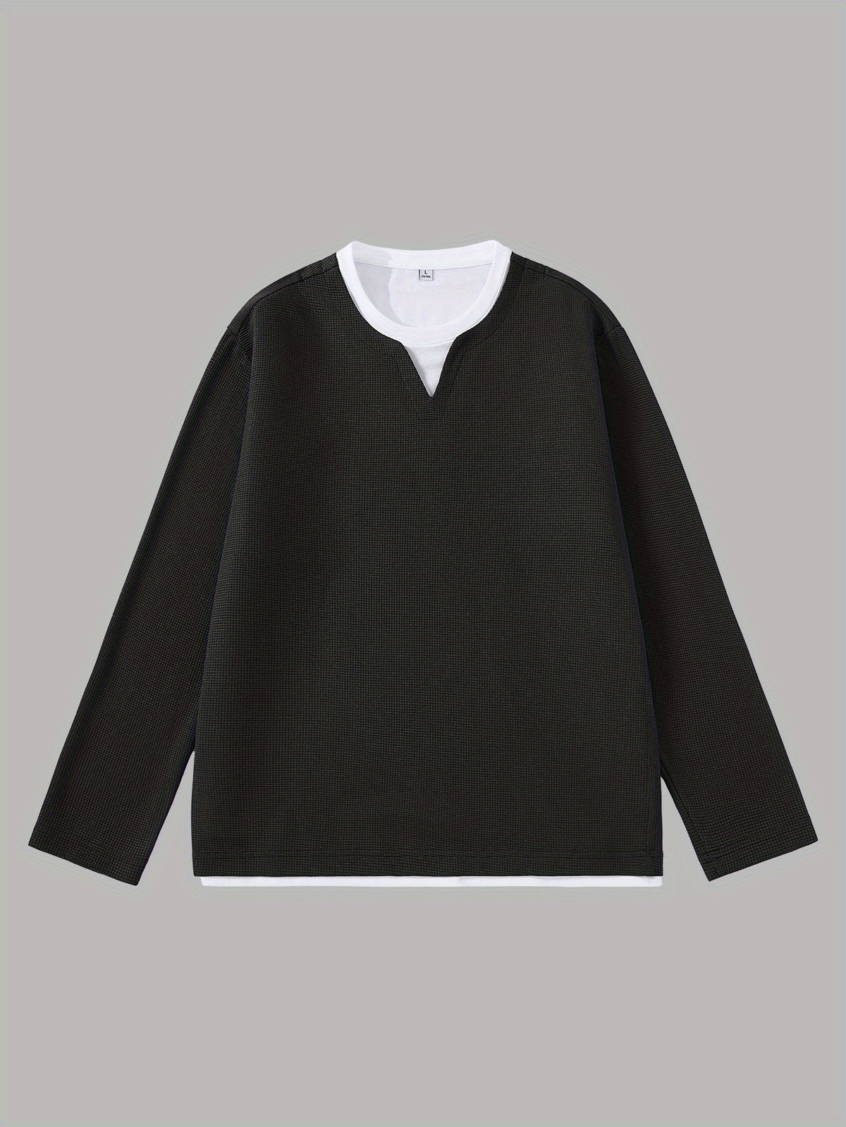 Men'S Spring And Autumn Fashion Waffle Long Sleeve T-Shirt - Black