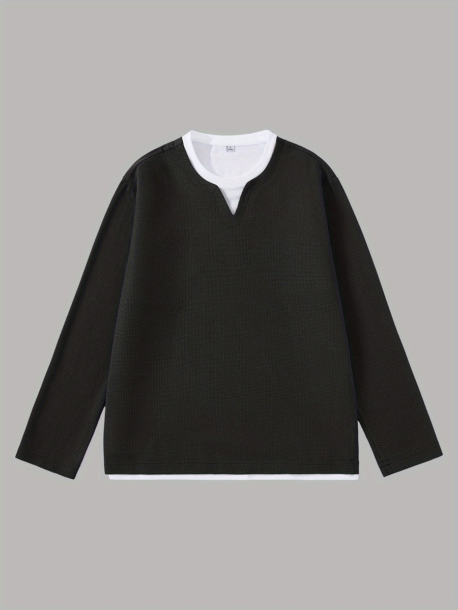 Men'S Spring And Autumn Fashion Waffle Long Sleeve T-Shirt - Black
