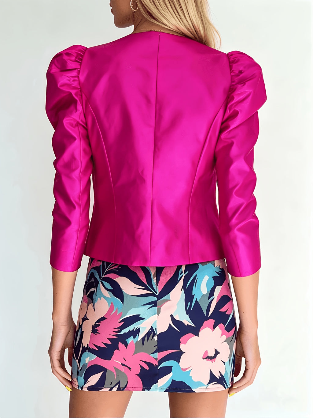 2026 Spring/Autumn New Arrival Glossy Rose Red Puff Sleeve Cropped Jacket, Open Front Buttonless Slim-Fit Short Blazer, Party Outerwear Top YYTT - Rose Red