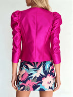 2026 Spring/Autumn New Arrival Glossy Rose Red Puff Sleeve Cropped Jacket, Open Front Buttonless Slim-Fit Short Blazer, Party Outerwear Top YYTT - Rose Red