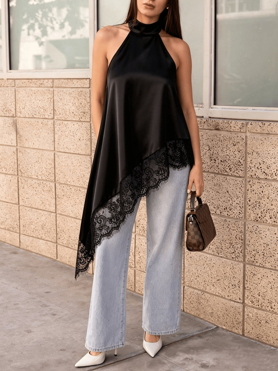 Halter Neck Off-Shoulder Satin Lace Patchwork Irregular Top, Sexy Temperament Loose Niche Design Camisole - Black