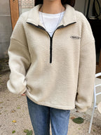 Applique Detail Drop Shoulder Half-Zip Fleece Sweatshirt, Perfect Choice for Women'S Fall Winter - Apricot