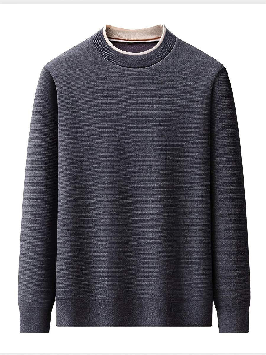 Men'S Round Neck Knit Sweater, Gray Contrast Trimmed Collar Long Sleeve, Light Business Style, Regular Fit for Fall/Winter, Suitable for Layering And Casual Outings - Deep Gray