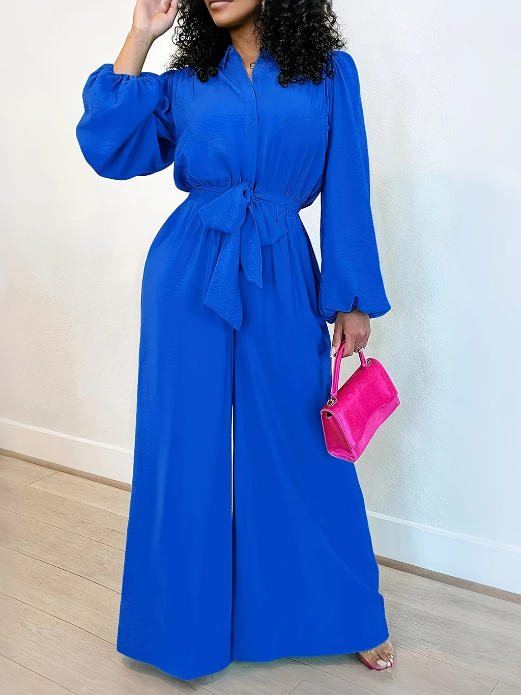 [Nian Nian] Western Style Solid Color Lapel Jumpsuit, Lantern Sleeve Waist Tie Design, High-Waist Flowing Wide-Leg Casual Women'S Overalls - Blue