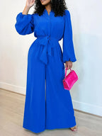 [Nian Nian] Western Style Solid Color Lapel Jumpsuit, Lantern Sleeve Waist Tie Design, High-Waist Flowing Wide-Leg Casual Women'S Overalls - Blue