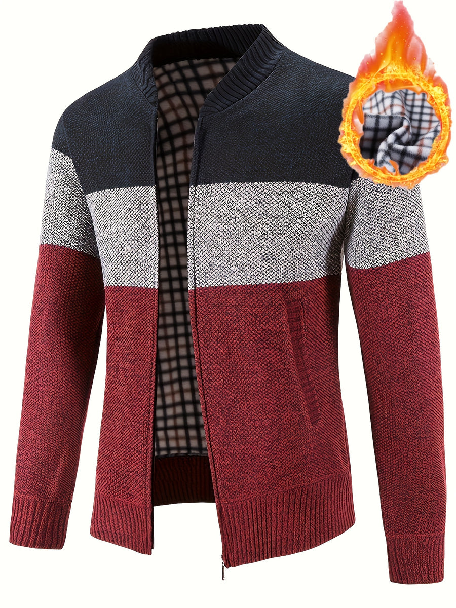 Men'S Casual High Neck Fleece Jacket, Color Block Knit Cardigan, Mid Stretch Zip-Up Fall/Winter Outerwear, Regular Fit with Placket Closure, Thick - Red