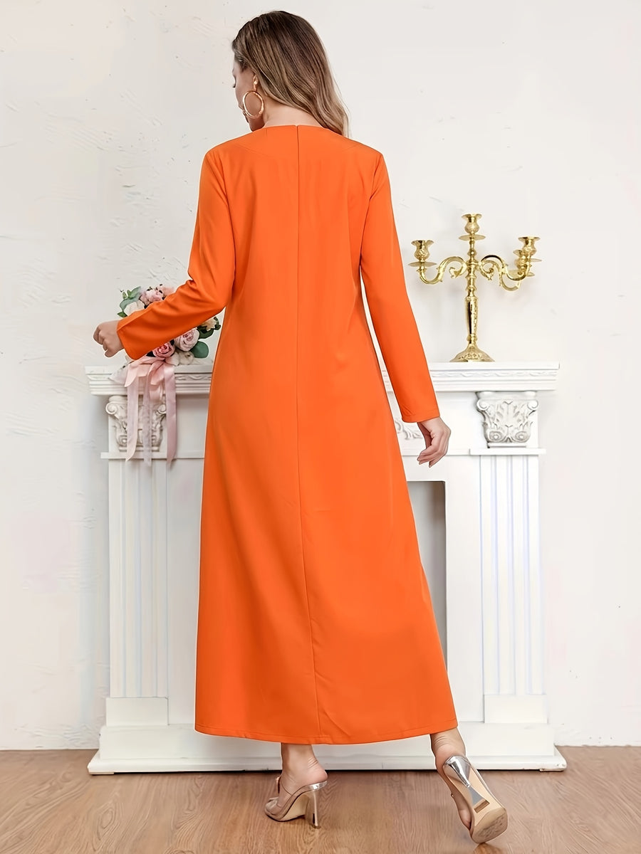 New Orange Long-Sleeve Kaftan Abaya, Featuring a Simple V-neck Design, a Smooth and Loose Fit, and Soft, The Long Length Conceals and Slims the Figure, Suitable for Both Daily Outings and Gatherings. This Vintage Exotic-style - Orange