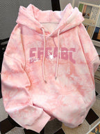 American Style Trendy Spider Web Letter Print Long Sleeve Hooded Fleece Sweatshirt with Tie-Dye Design, Women'S Loose And Fashionable Hoodie Top - Pink Color