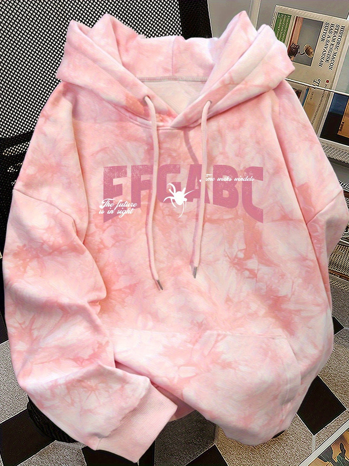 American Style Trendy Spider Web Letter Print Long Sleeve Hooded Fleece Sweatshirt with Tie-Dye Design, Women'S Loose And Fashionable Hoodie Top - Pink Color