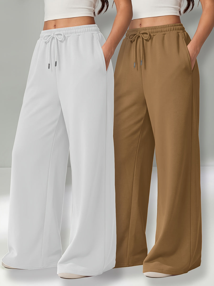 Autumn and Winter High-Waisted Casual Versatile Pants, Elastic Waist Loose Wide-Leg Pants 2pcs Set - White+Brown