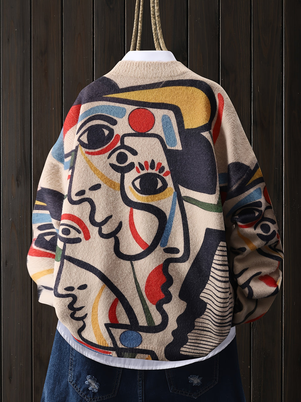 Line Art Style Face Pattern Fashion Colorful Lines Pullover, Casual Round Neck Long Sleeve Top, Women's Clothing - Colorblock