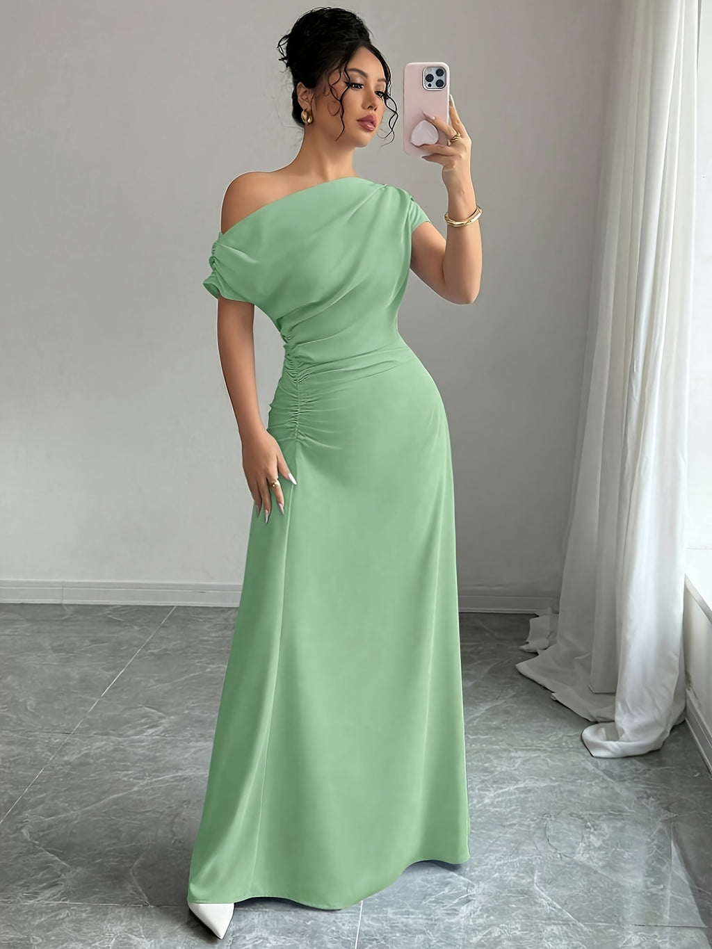 Off-Shoulder And Ruched Waist Elegant Off-Shoulder Fashion Date Commute Evening Dress Ultra-Long Bridesmaid Gown - Green
