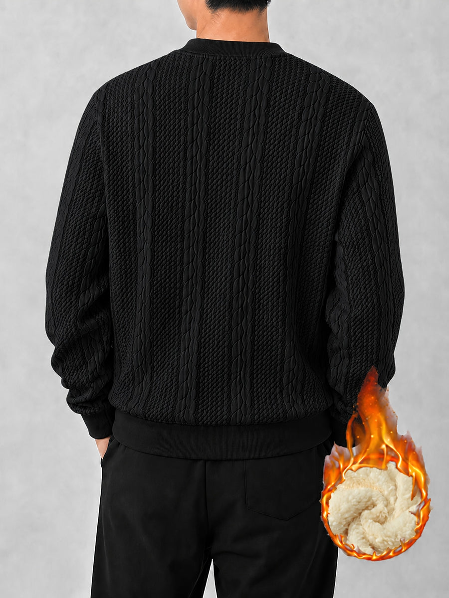 Men's Autumn/Winter Solid Color Cable Knit Textured Fleece-Lined Sweatshirt, Heavyweight Plush Fleece Thickened Lining, Cold-Proof Casual Crew Neck Pullover Base Layer - Black